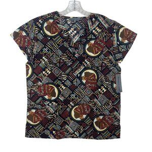 Bannock Court Scrub Shirt Top Womens Small Brown Black Geometric Print New